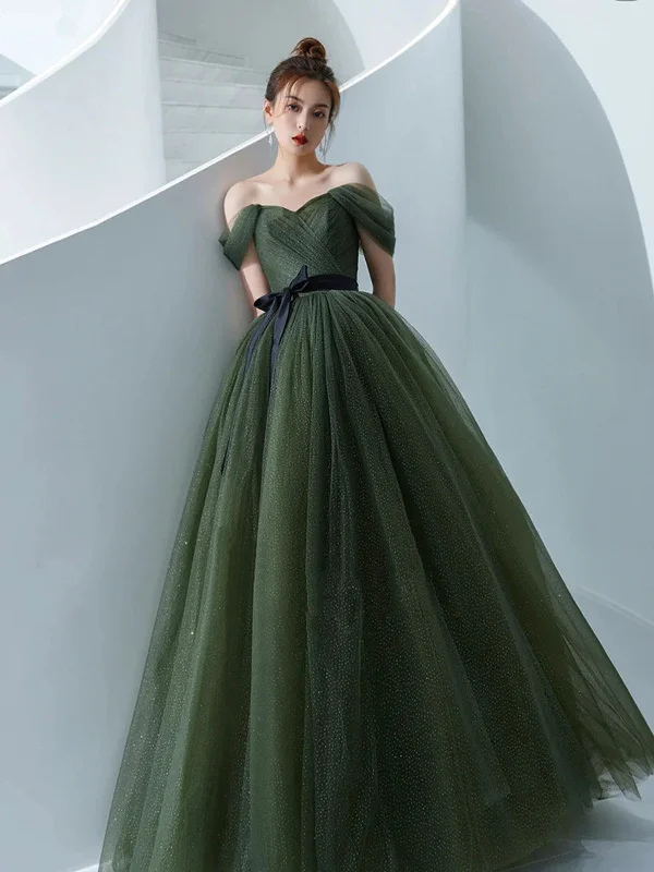 A Line Off The Shoulder Tulle Green Long Prom Dresses, Off Shoulder Tulle Green Long Formal Evening Dresses Tunics Timeless classic