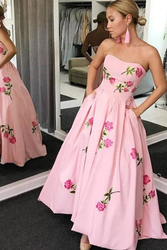 A Line Strapless Floor Length Printed Prom Dress Long Floral Evening Dresses Cowl Neckline Elegant