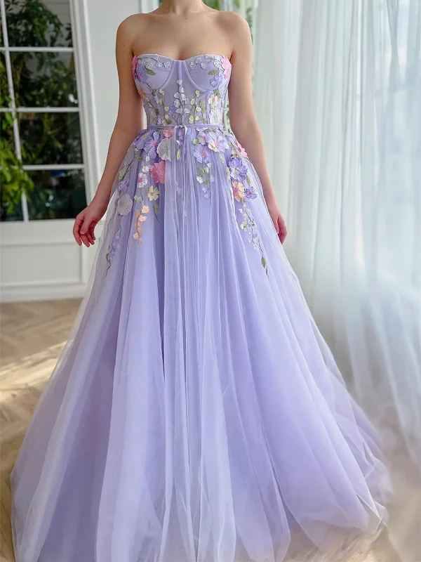 A Line  Strapless Lilac Floor Length Party Dresses with 3D Flowers, Strapless Purple Tulle Long Prom Formal Evening Dresses Tunics Summer linen