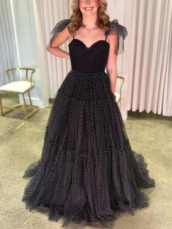 A Line Straps Black Swiss Dot Tulle Prom Dresses,  Straps Black Tulle Long Formal Evening Dresses Mermaid Tail Wedding