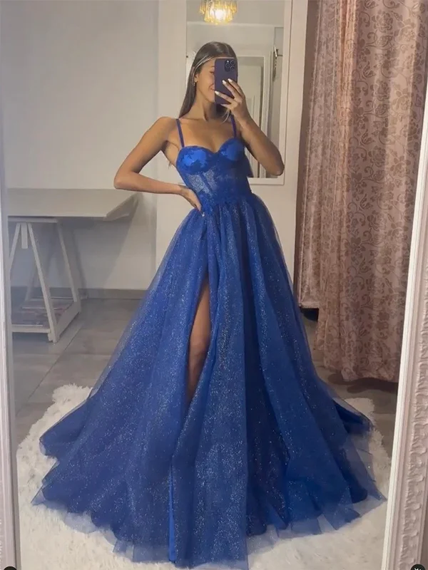 A Line Sweetheart Neck Tulle Lace Blue Long Prom Dresses, Blue Lace Tulle Long Formal Evening Dresses Boatneck Modish Everyday