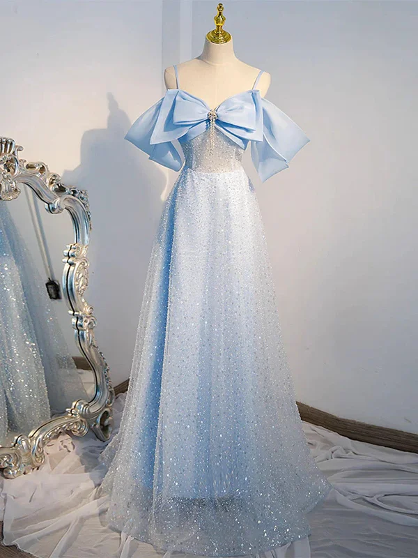 A Line Tulle Sequin Blue Long Prom Dresses,  Blue Sequin Tulle Long Formal Evening Dresses Tunics Stylish elegant