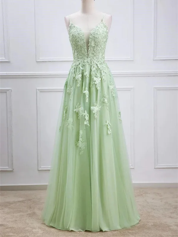 A Line V Neck Beaded Green Lace Long Prom Dresses, V Neck Beaded Green Lace Long Formal Evening Dresses Boat Neckline Classic