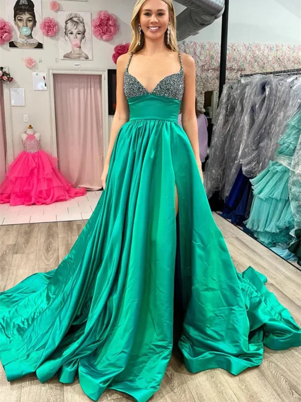 A Line V Neck Beaded Green Long Prom Dresses with High Slit, Green Long  Formal Graduation Evening Dresses Sequined Elegant Party