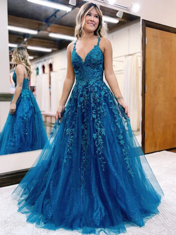 A Line V Neck Blue Lace Long Prom Dresses, Blue Tulle Lace Formal  Evening Dresses Tunics Plaid country