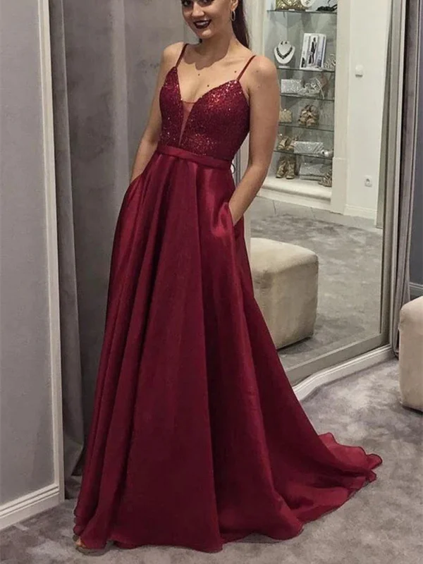 A Line V Neck Burgundy Sequins Long Prom Dresses with Pockets, V Neck Burgundy Sequins Long Formal Graduation Evening Dresses Tunics Chic elegant