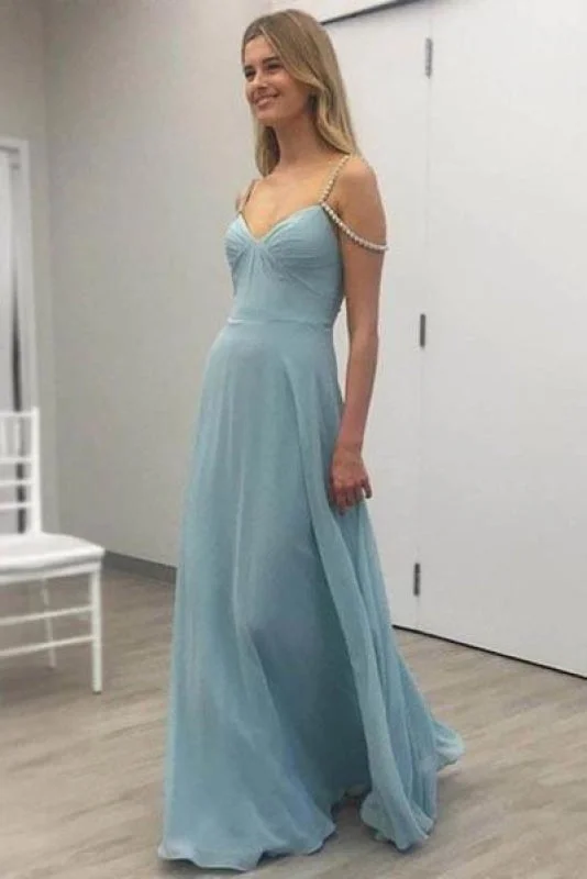 A-line V-neck Floor-length Chiffon Prom with Beading Straps Evening Dresses Pleated Skirt Elegant