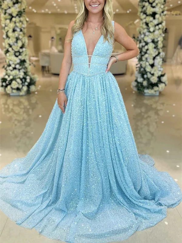 A Line V Neck Light Blue Sequins Long Prom Dresses,  Light Blue Sequins Long Formal Graduation Evening Dresses Shift Classic Vintage