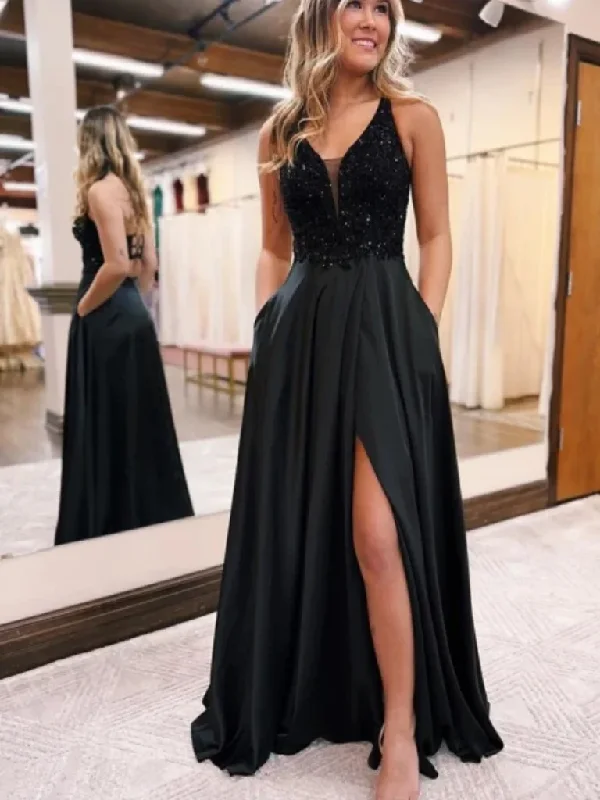 A Line V Neck Open Back Black Sequin Long Prom Dresses with High Slit,  V Neck Backless Black Formal Graduation Evening Dresses  with Pockets Tunics Cozy comfortable