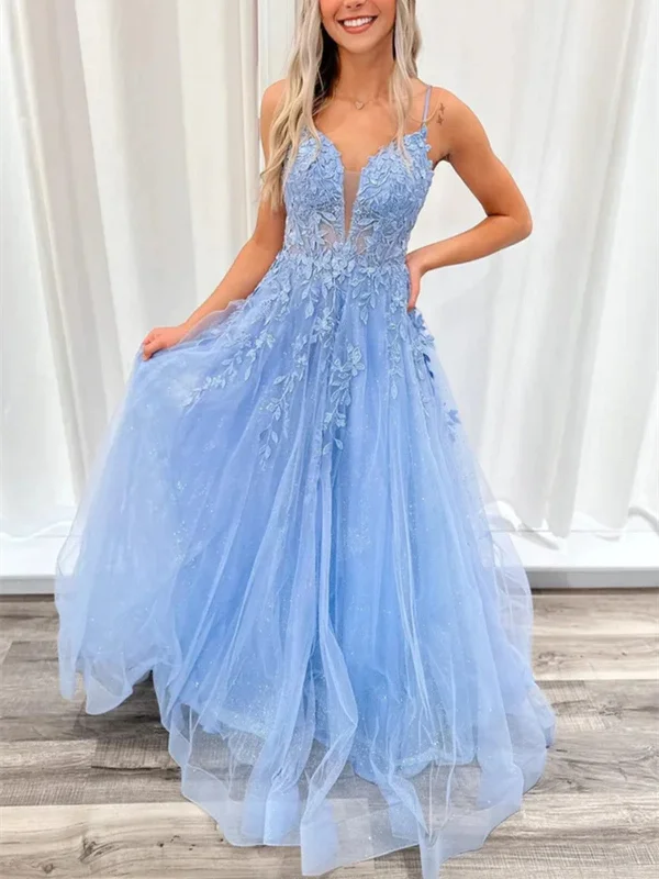 A Line V Neck Open Back Blue Lace Long Prom Dresses, V Neck Open Back Blue Lace Formal Evening Dresses Halter Neckline Beach