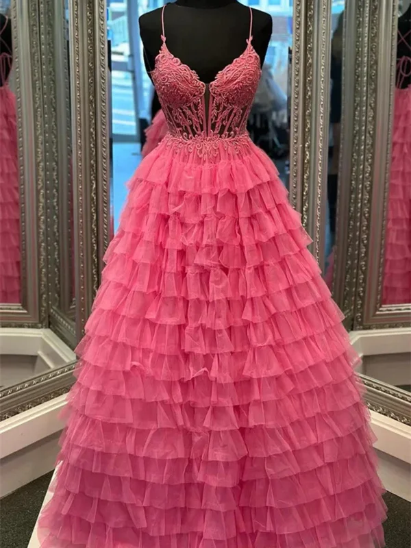 A Line V Neck Open Back Pink Lace Ruffle Tiered Long Prom Dresses,  V Neck Backless Hot Pink Lace Formal Evening Dresses Tunics Stylish elegant