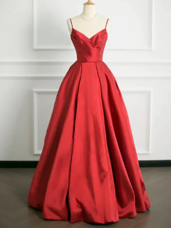 A Line V Neck Open Back Red Satin Long Prom Dresses, V Neck Backless Red Satin Long  Formal Graduation Evening Dresses Tunics Corduroy durable