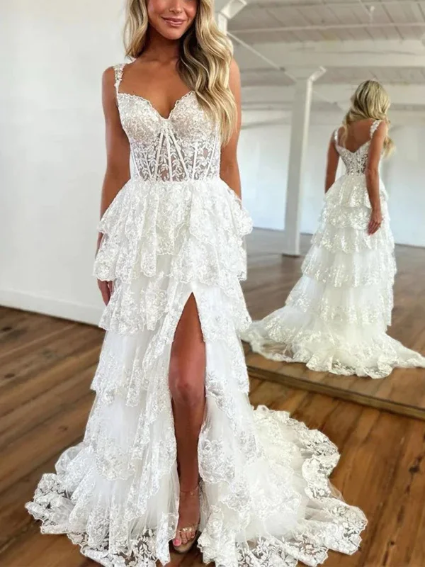 A Line V Neck White Lace Tiered Stunning Prom Dresses With Split, Lace White Long Formal Evening Dresses Tunics Satin smooth