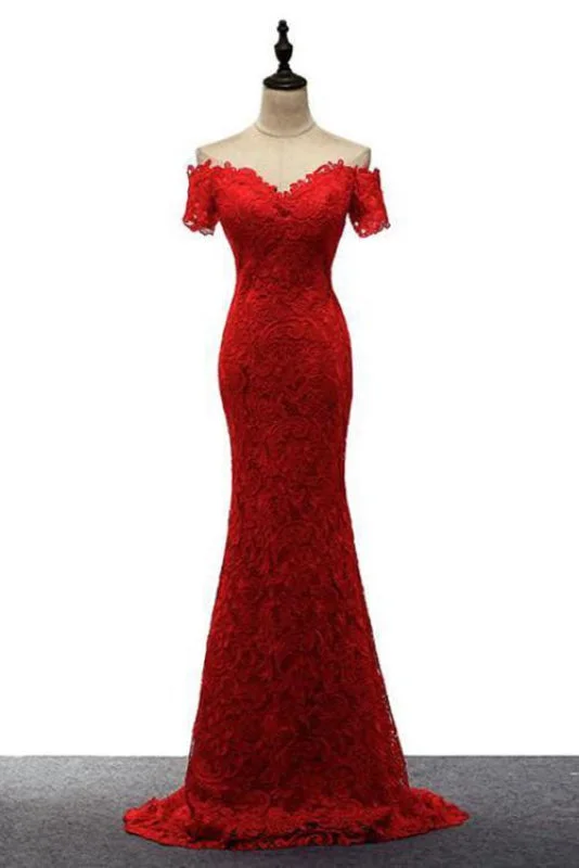 Amazing Latest Fascinating Red Off the Shoulder Mermaid Lace Prom Sweep Train Long Evening Dresses Tunics Stylish elegant