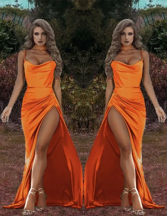 Amazing Mermaid satin orange Bridesmaid dresses leg split spaghetti straps with cowl neck prom dress, evening dress    cg21056 Turtleneck Neckline Stylish