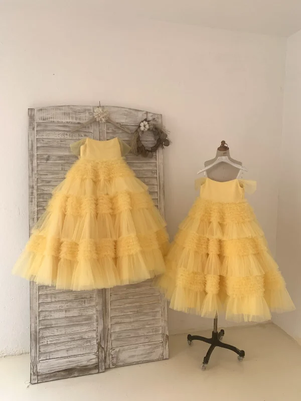 Ball Gown Off Shoulder Yellow Ruffles Tulle Wedding Flower Girl Dress Kids Party Dress Tunics Formal black