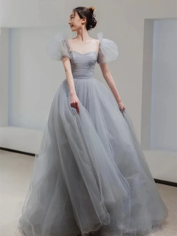 Beautiful A Line Floor Length Gray Tulle Prom Dresses, Short Sleeve Floor Length Gray Formal Evening Dresses Tunics Occasion special