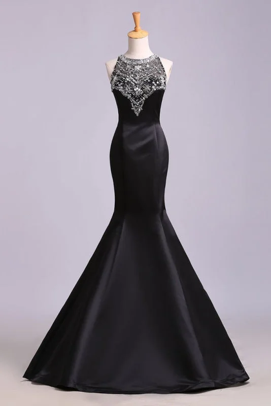 Beautiful Affordable Beautiful Black Mermaid Sleeveless Beaded Satin Prom Dress Long Evening Dresses Tunics Summer linen