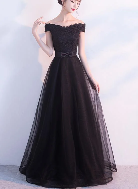 Beautiful Black Off Shoulder Lace and Tulle Party Dress, Charming Formal Gown Tunics Practical durable