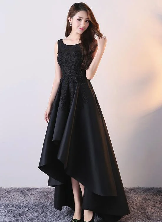 Beautiful Black Satin and Lace High Low Round Party Dress, Black Formal Dress Tunics Solid Classic