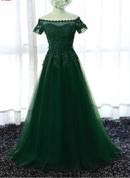 Beautiful Dark Green Short Sleeves Floor Length Party Dress , Prom Dress Tunics Hiking breathable