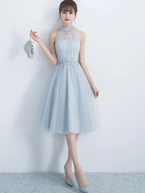 Beautiful Light Grey Halter Tulle Knee Length Party Dress , Charming Formal Dress Crew Neckline Sporty