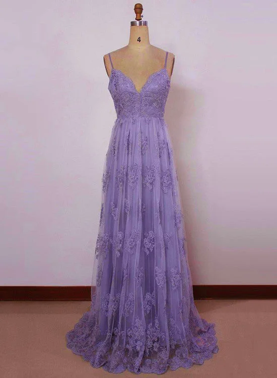 Beautiful Light Purple Straps with Lace Elegant Party Dress, Tulle Evening Gowns Glittery Long Formal