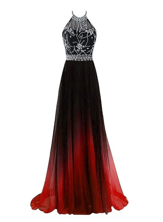 Beautiful Long Beaded Chiffon Gradient Halter Party Dress, A-line Prom Dress Turtleneck Warm Winter