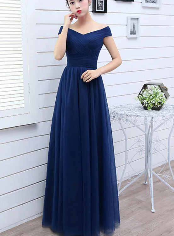 Beautiful Navy Blue Tulle Bridesmaid Dress, Tulle Off Shoulder Party Dress Tunics Fashionable trendy