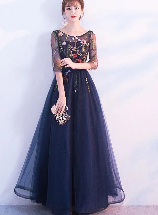 Beautiful Navy Blue Tulle Party Dress  with Flowers, Elegant Wedding Party Dress Tunics Timeless classic