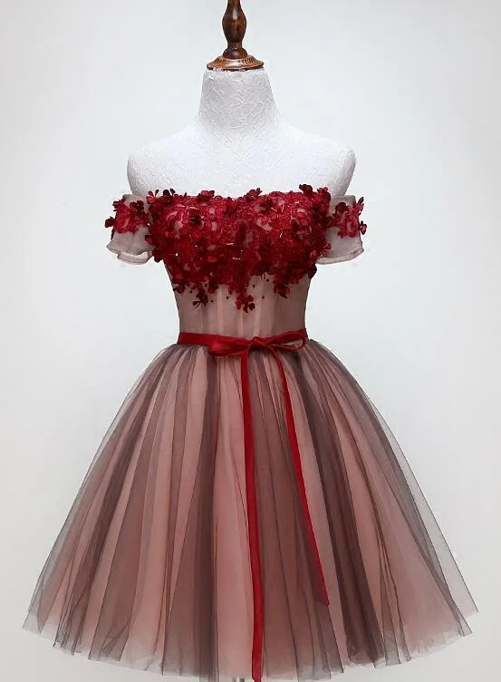 Beautiful Off Shoulder Tulle Knee Length Party Dress , Red Homecoming Dress with Applique Tunics Fall fleece