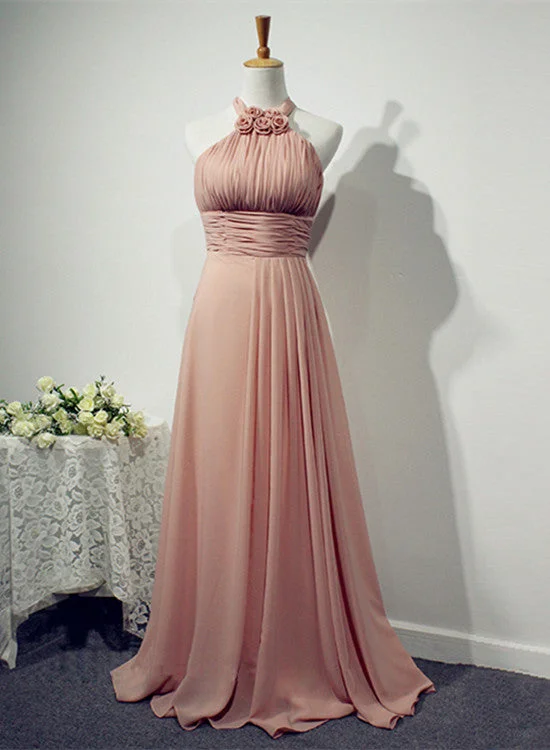 Beautiful Pink Halter Chiffon Bridesmaid Dress, Long Wedding Party Dresses empire Waist empire