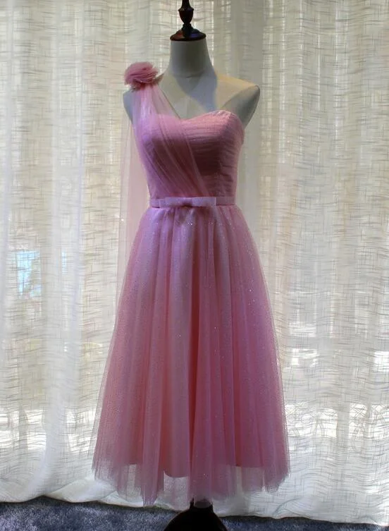 Beautiful Pink One Shoulder Tea Length Wedding Party Dress, Cute Party Dress Tunics Satin smooth