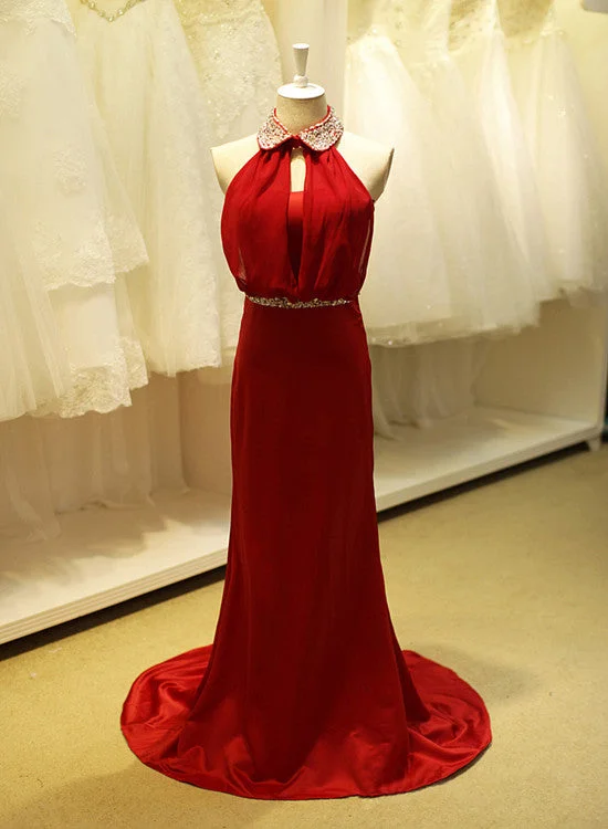 Beautiful Red Satin and Chiffon Beaded Long Party Dress, Charming Junior Prom Dress Pencil Length Work