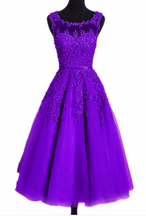 Beautiful Tea Length Purple Round Neckline Bridesmaid Dress, Lace Appplique Party Dress Homecoming dress  cg10884 Lace Sexy Club