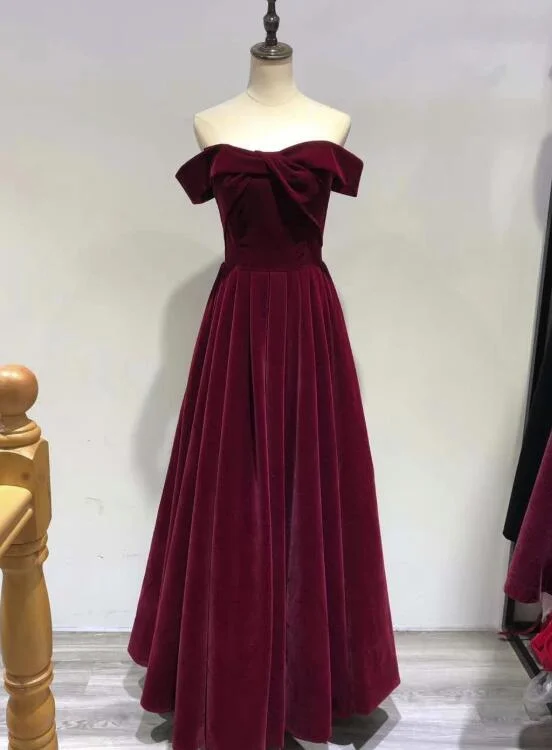 Beautiful Wine Red Velvet Off Shoulder New Style Evening Dress, Pretty Party Dress Tunics Fleece cozy