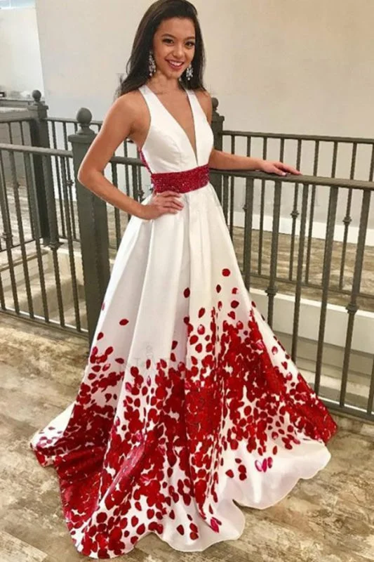 Best Latest Glorious A-Line Deep V-Neck Floral Satin Prom with Beading Sweep Train Evening Dress Tunics Chic fashionable