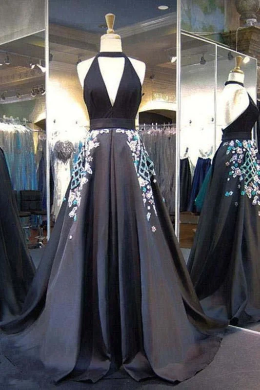 Black Halter Backless Evening Dress Deep V Neck Prom Gown with Appliques Tunics Plaid country