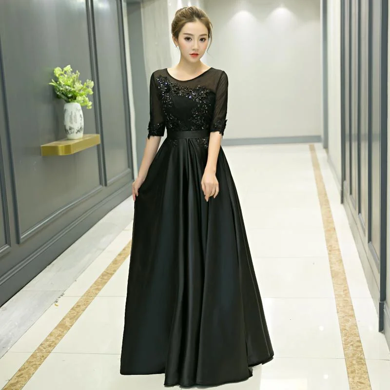 Black Satin Tulle Top Short Sleeves Bridesmaid Dress, Black Long Prom Dress Party Dress   cg18602 Tunics Lace romantic