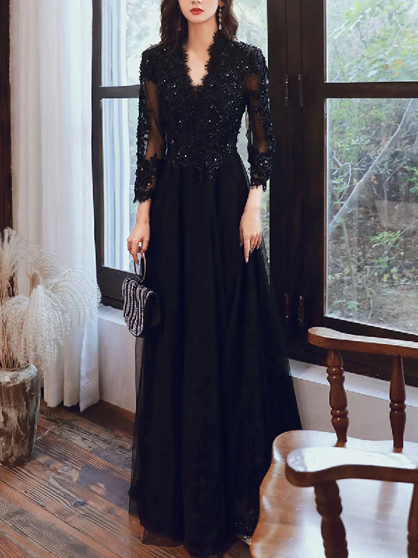 Black V Neck Tulle Lace  Beads Long Prom Dress, Black Tulle Evening Dresses Tunics Lace romantic