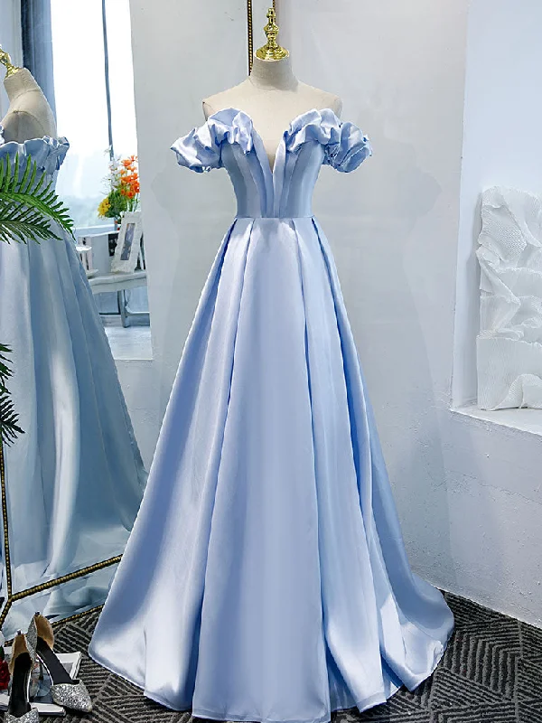 Blue A-line Off Shoulder Long Prom Dress, Blue Evening Dress Tunics Wedding white