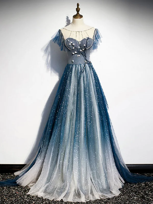 Blue Round Neck Tulle Beads Long Prom Dress, Blue Evening Dress Tunics Long Elegant