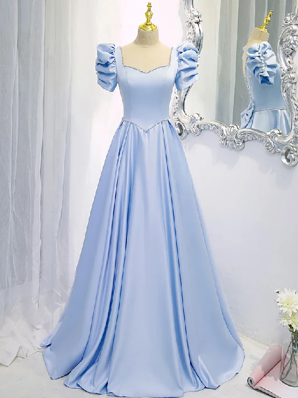 Blue Satin Backless Long Prom Dress, Blue Evening Dress Tunics Silk luxurious