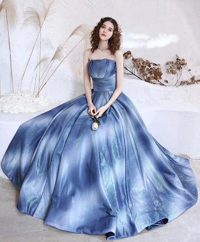 Blue Satin Long Prom Dress, Blue Aline Formal Evening Dresses Tunics Spring floral