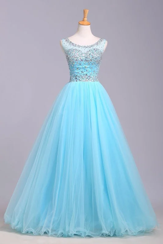 Blue Scoop Sleeveless Tulle Prom with Sequins Floor Length Puffy Evening Dress Tunics Favorite customer