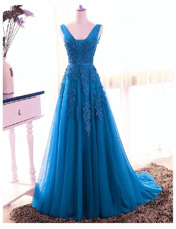 Blue Tull V-Neckline Floor Length Low Back Party Dress, Blue Prom Dress Bridesmaid Dress   cg21725 sweetheart Neckline Romantic