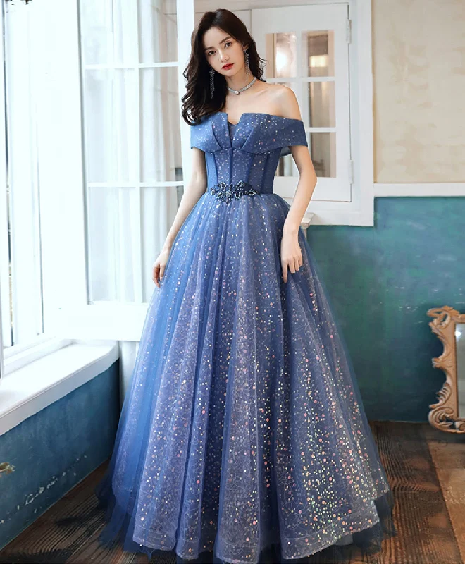 Blue Tulle Off Shoulder Long Prom Dress, Shiny Blue Formal Evening Dress Tunics Travel practical