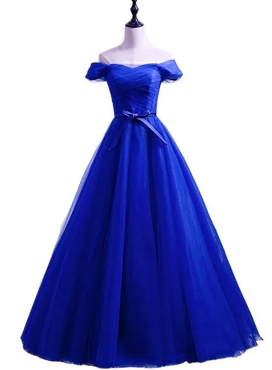 Blue Tulle Off Shoulder Sweetheart Floor Length Party Dress, Handmade Formal Dress Tunics Practical easy-care