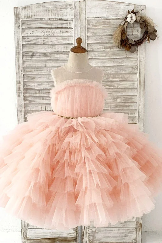 Princess Peach Cupcake Tulle Wedding Flower Girl Dress Kids Party Dress Tunics Luxurious high-end