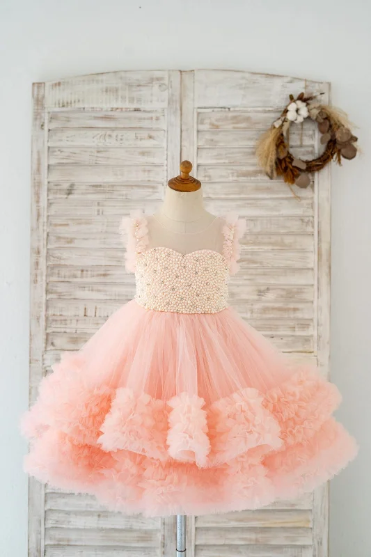 Blush Pink V Back Pearl Beaded Tulle Wedding Flower Girl Dress Kids Party Dress Tunics Trendy modern